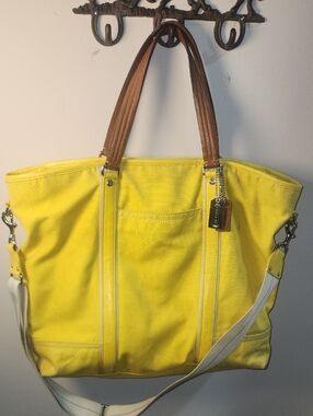 Coach Huge Yellow Canvas Tote Brown Leather Handles Travel Shoulder Strap Silver